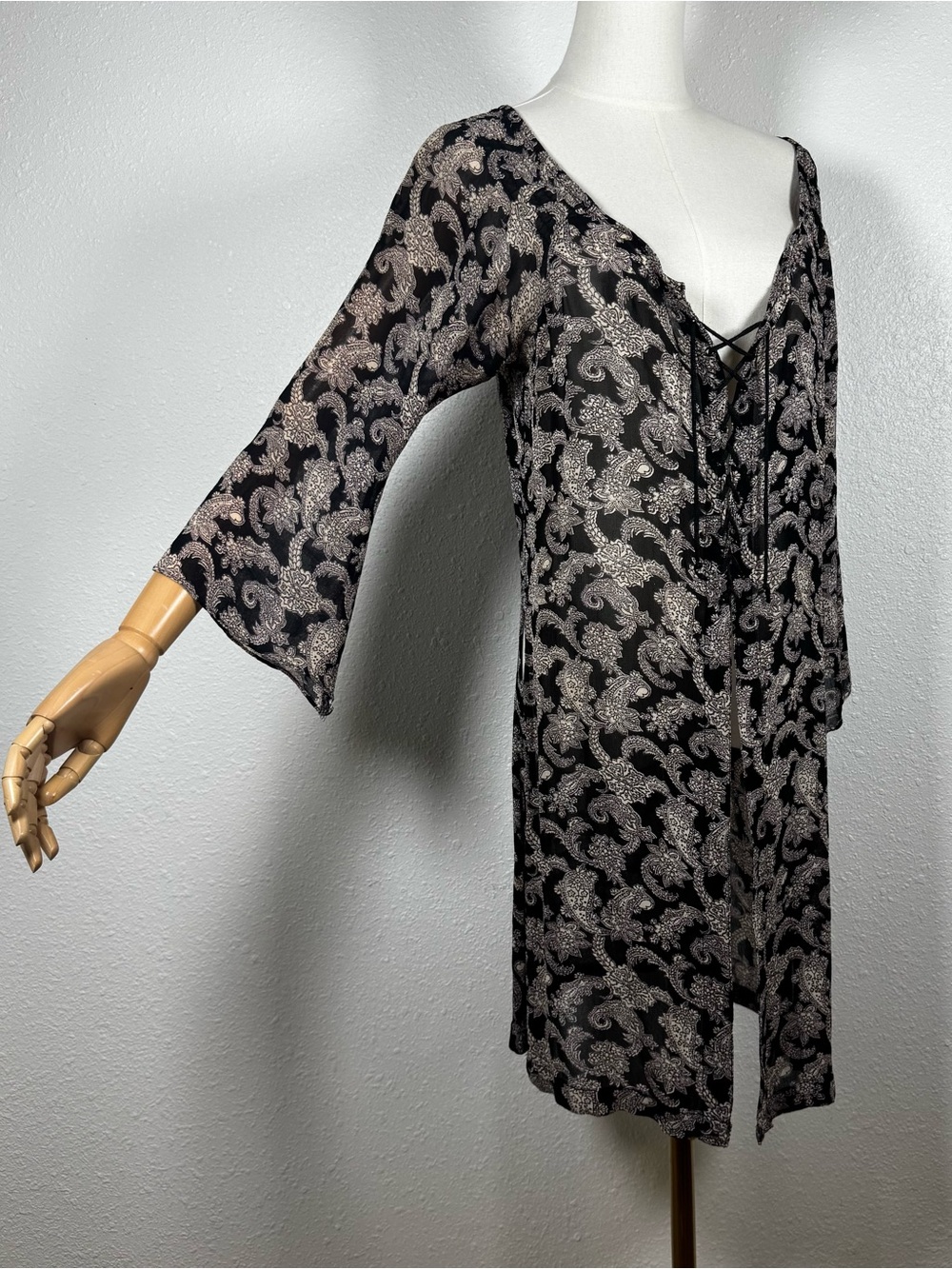 Sheer Lace Up Bell Sleeve panel Duster whimsy witchy practical magic Top size S